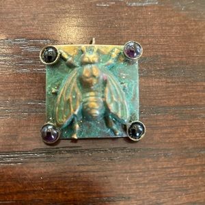 Verdigris Patina Brass Bumblebee Earring- Amethyst- USA Made